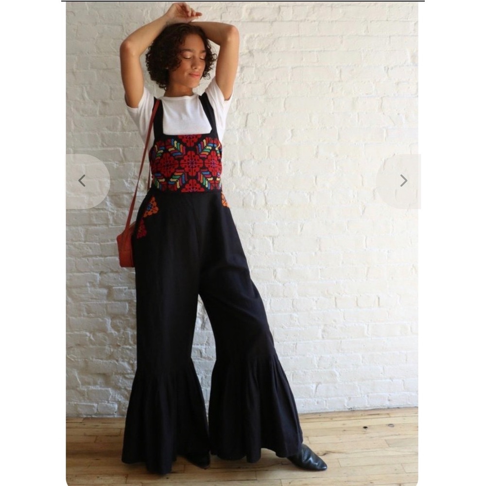 Carolina K Black Embroidered Cotton Linen Wide Leg Ruffle Jumpsuit Small